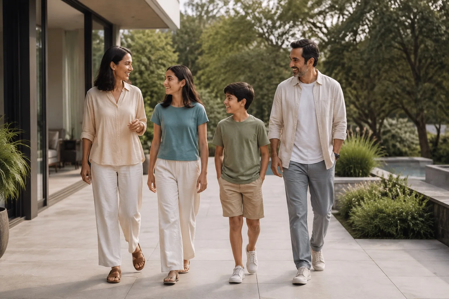 A family walking together outside a modern home