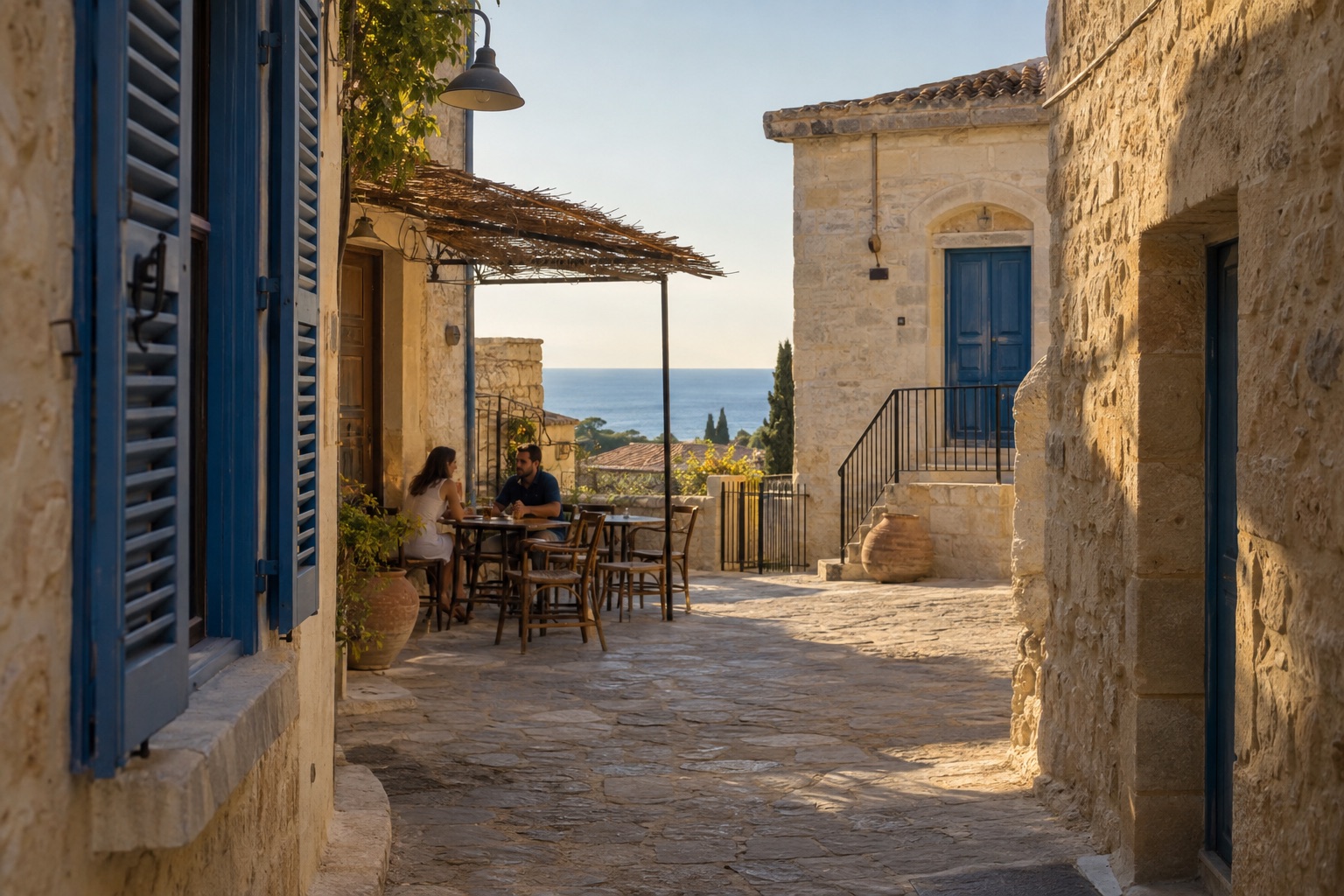 Two people sitting at a terrace in an illustrative Cypriot town