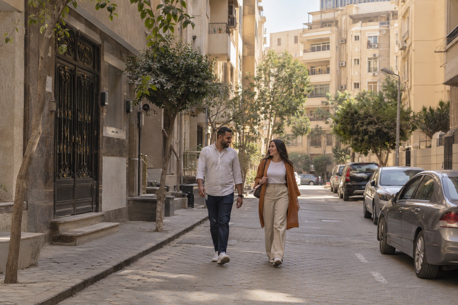 Two people walking along an illustrative Egyptian neighbourhood street