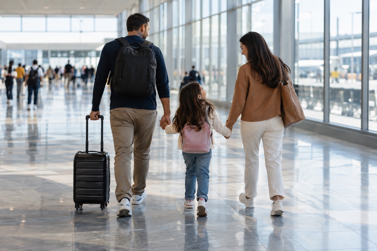 Family arriving together at an airport terminal