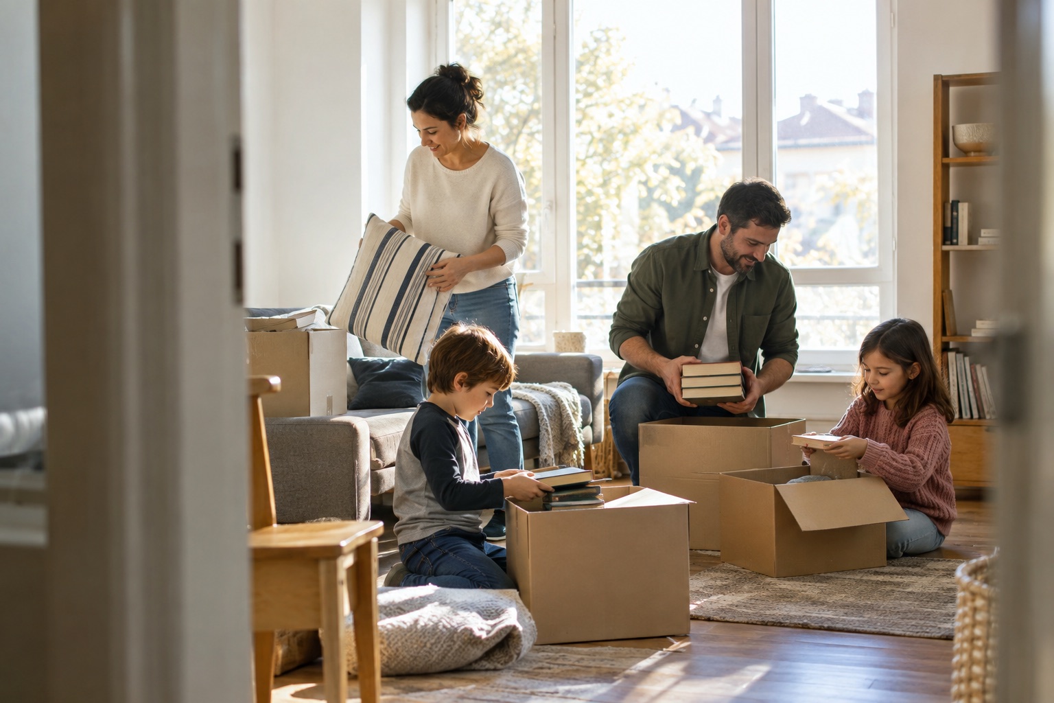 Family unpacking together in a new home