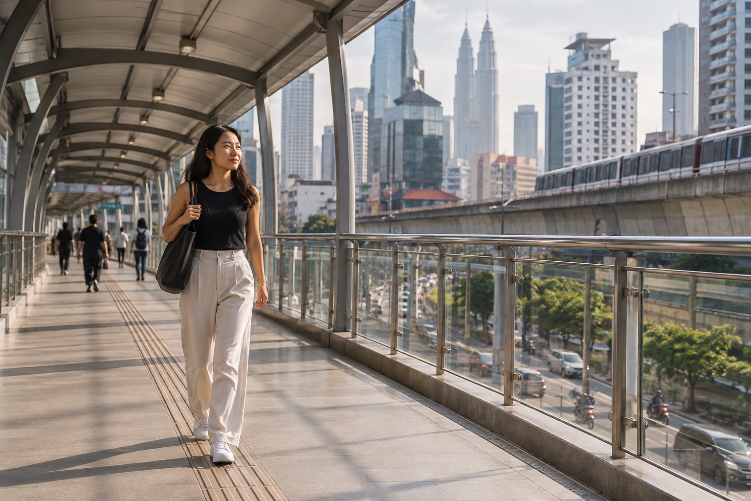 Professional walking along an illustrative Malaysian city transit walkway