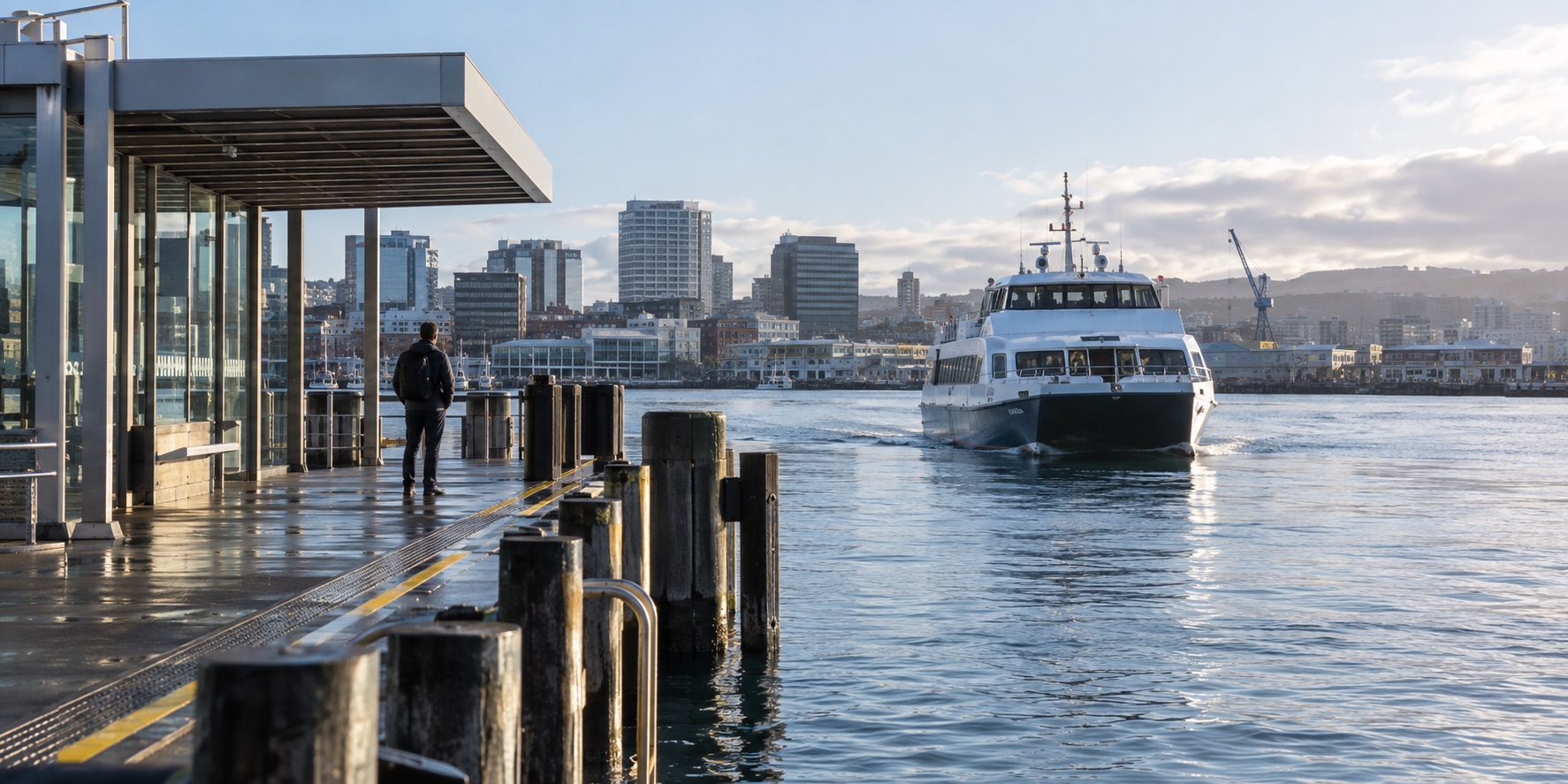 Ferry arriving at an illustrative New Zealand waterfront terminal