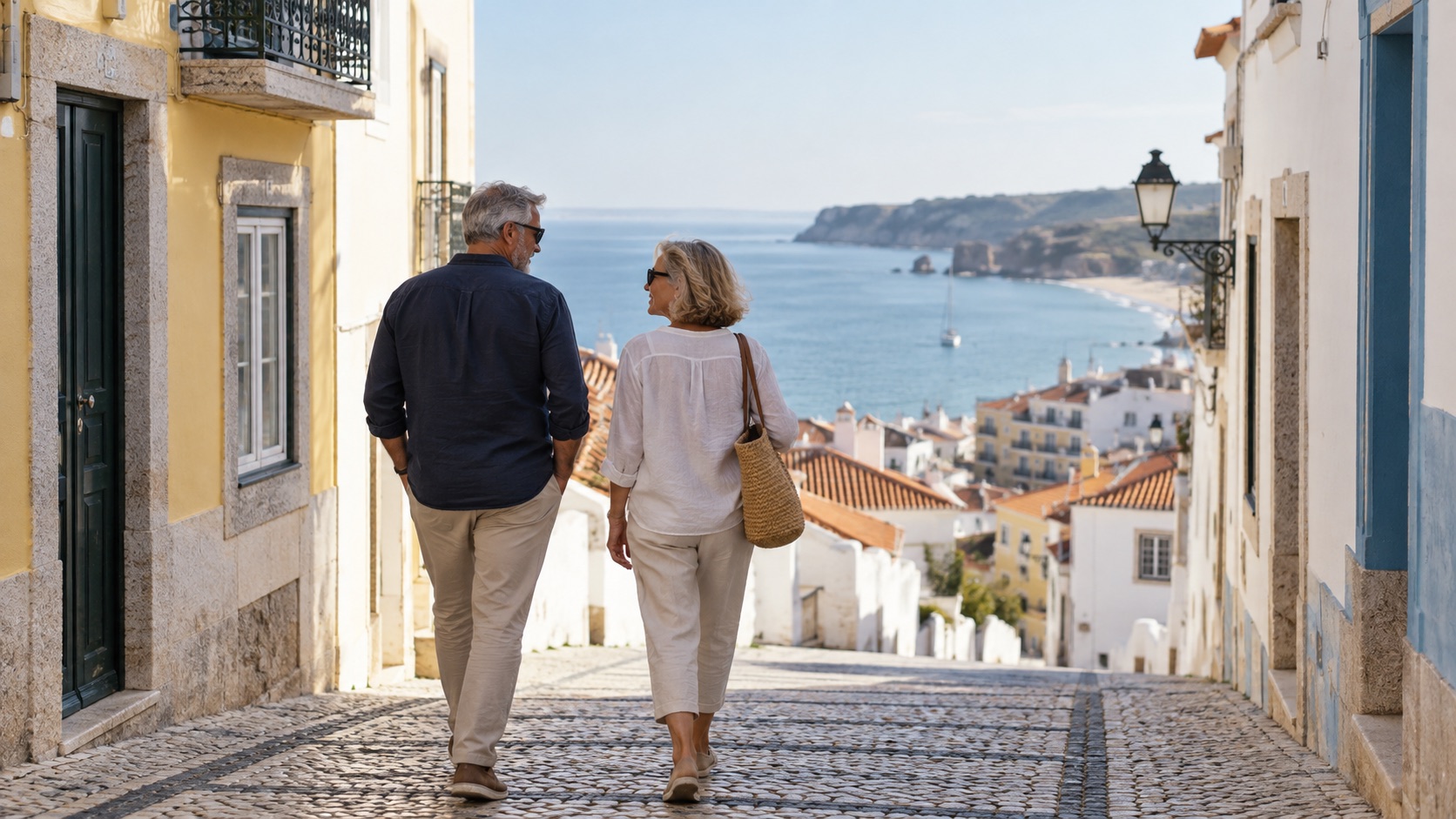 Couple walking towards the sea in a Portuguese coastal town