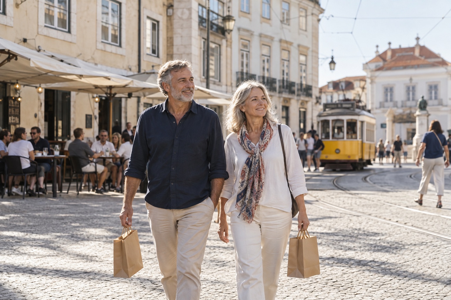 Couple walking through an illustrative Portuguese neighbourhood square