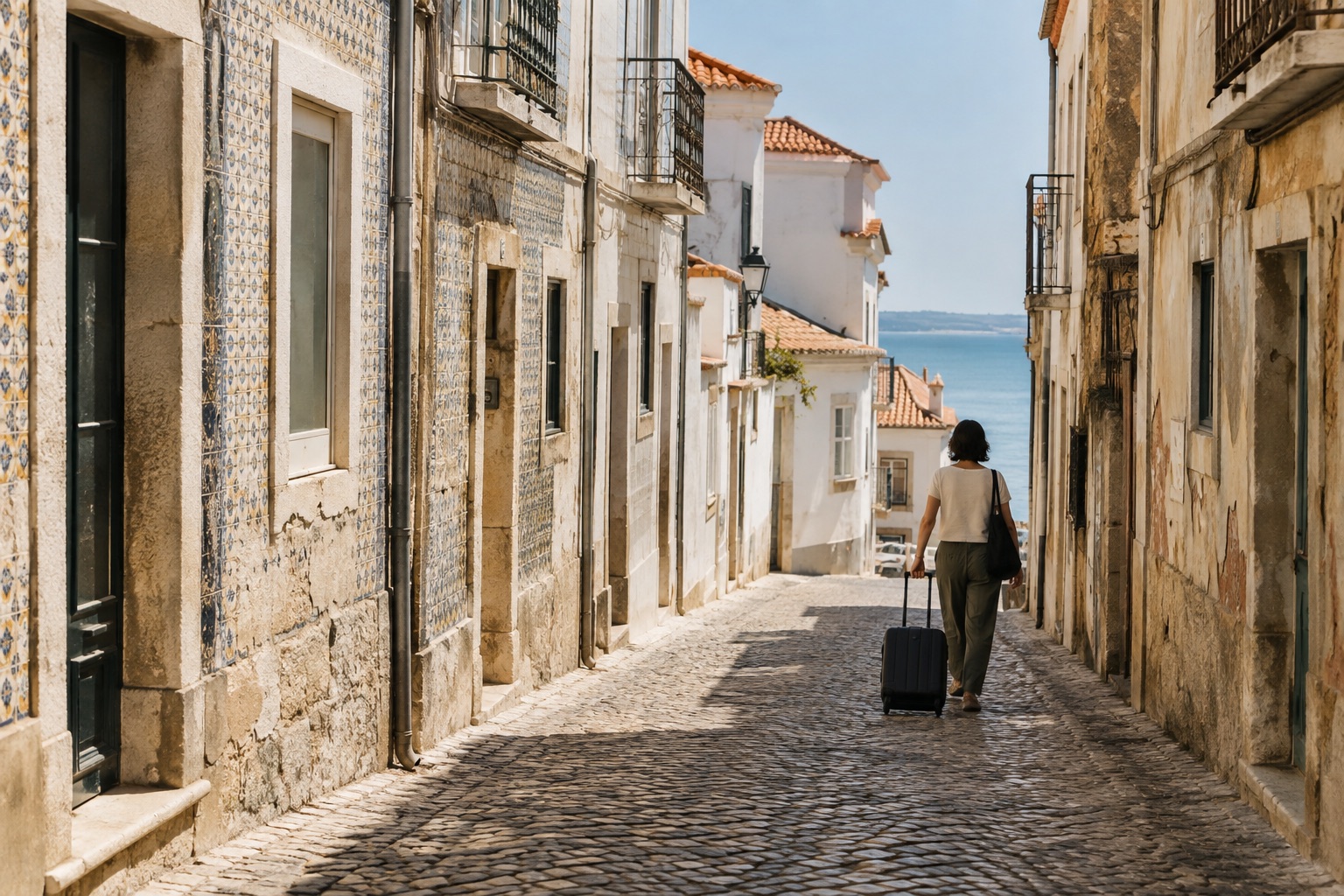 Traveller walking along an illustrative Portuguese coastal street