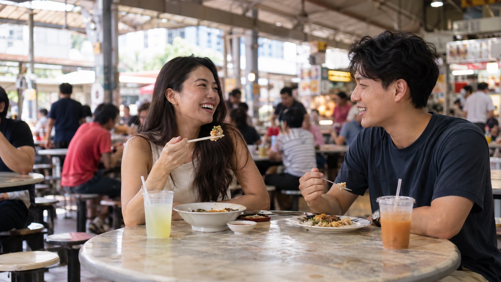 Two young adults sharing a meal at an illustrative Singapore hawker centre