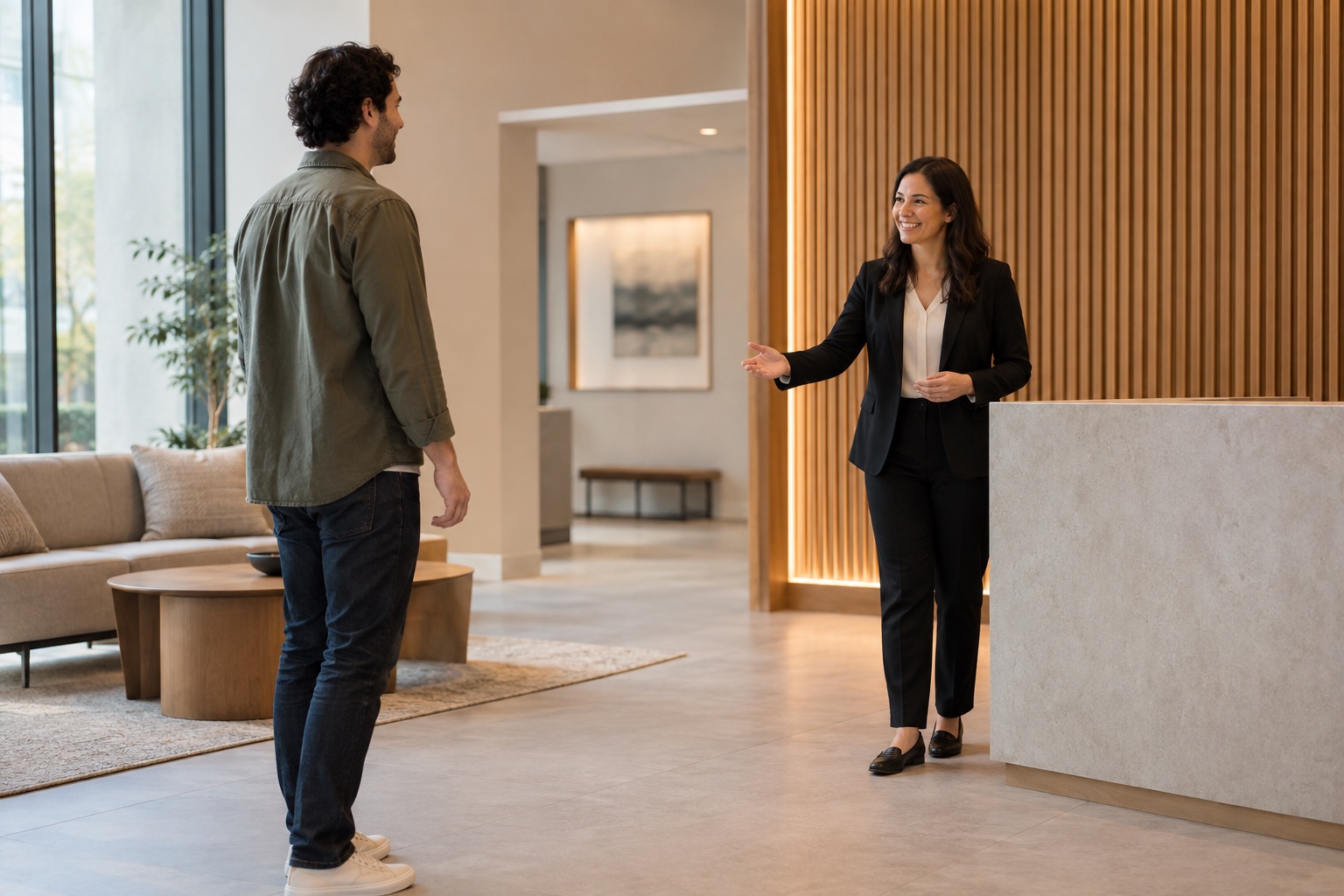 Visitor welcomed at a modern reception desk