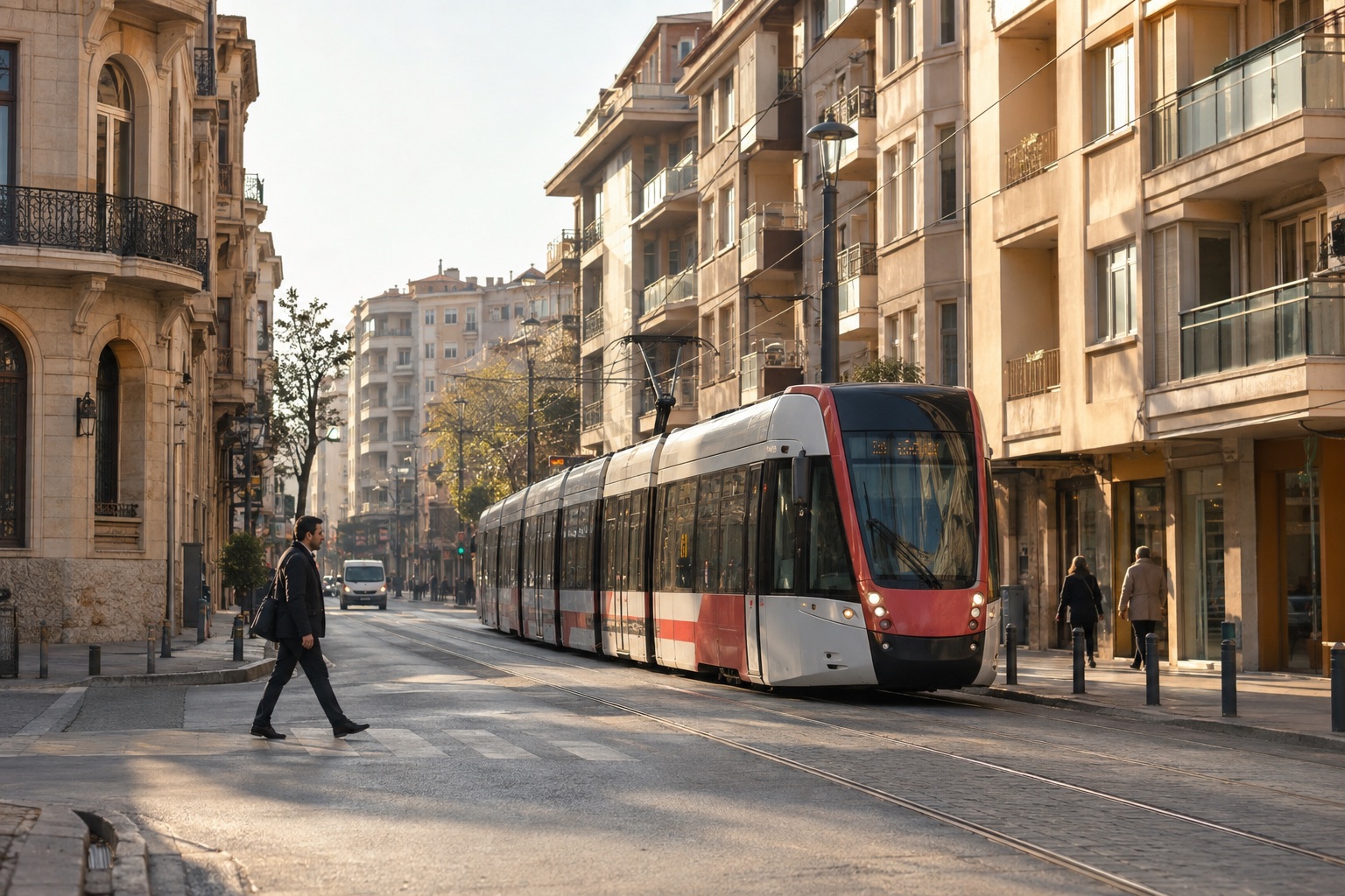 Modern tram crossing an illustrative Turkish city street