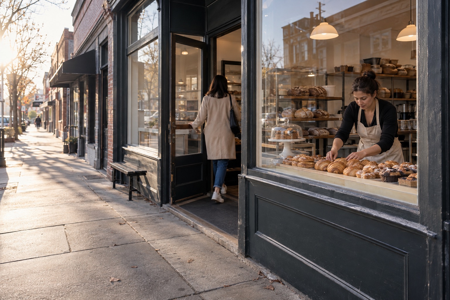 Worker preparing bakery goods in an illustrative independent storefront
